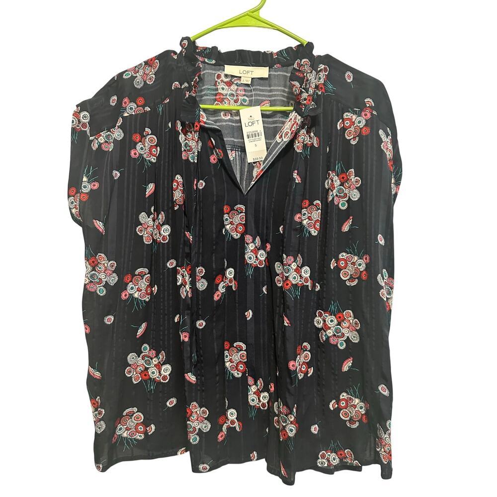 LOFT Women’s Small Navy Floral Tassel Tie Peasant Blouse Boho Lightweight NWT